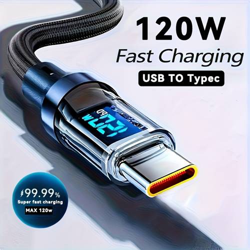 120w super fast charging type c data cable with real suitable for huawei xiaomi samsung phones braided charging cable