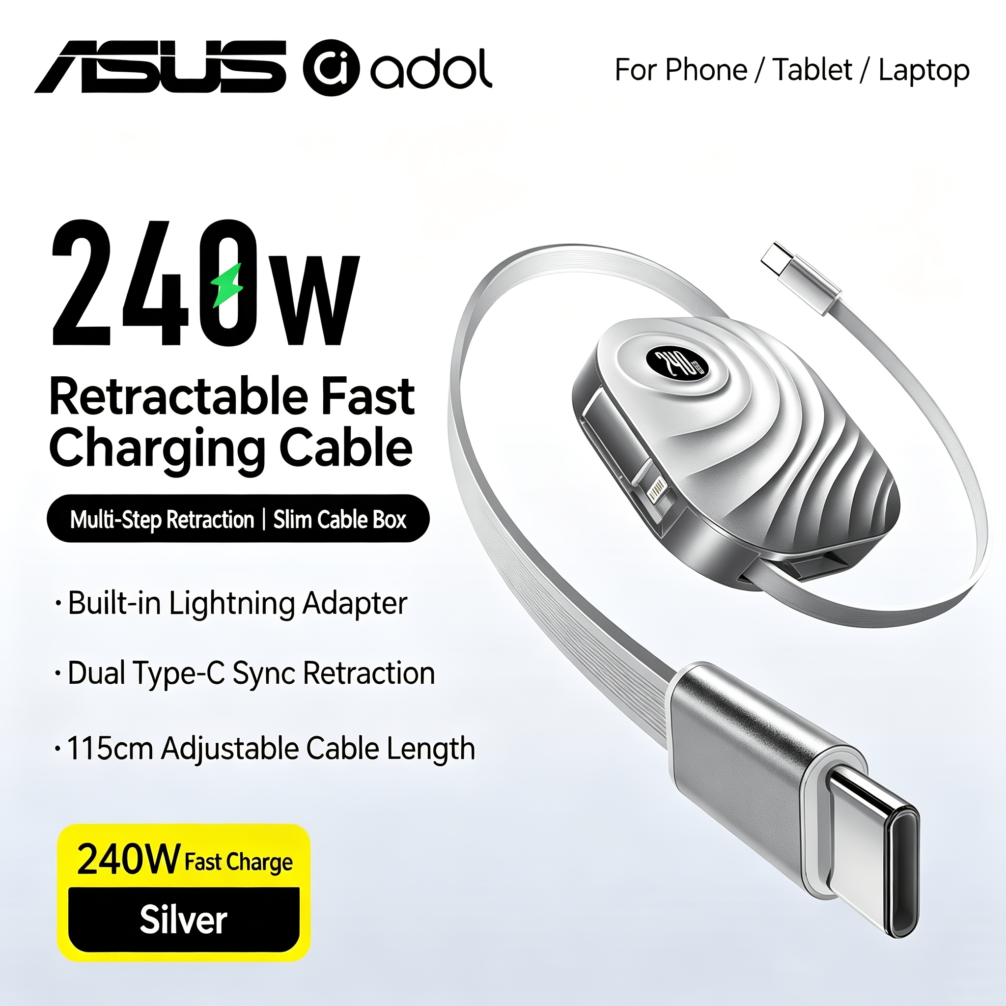 TEMU Câble de charge rapide rétractable ASUS Adol 240W de type C avec adaptateur Lightning intégré - Pratique pour le rangement et la charge,
