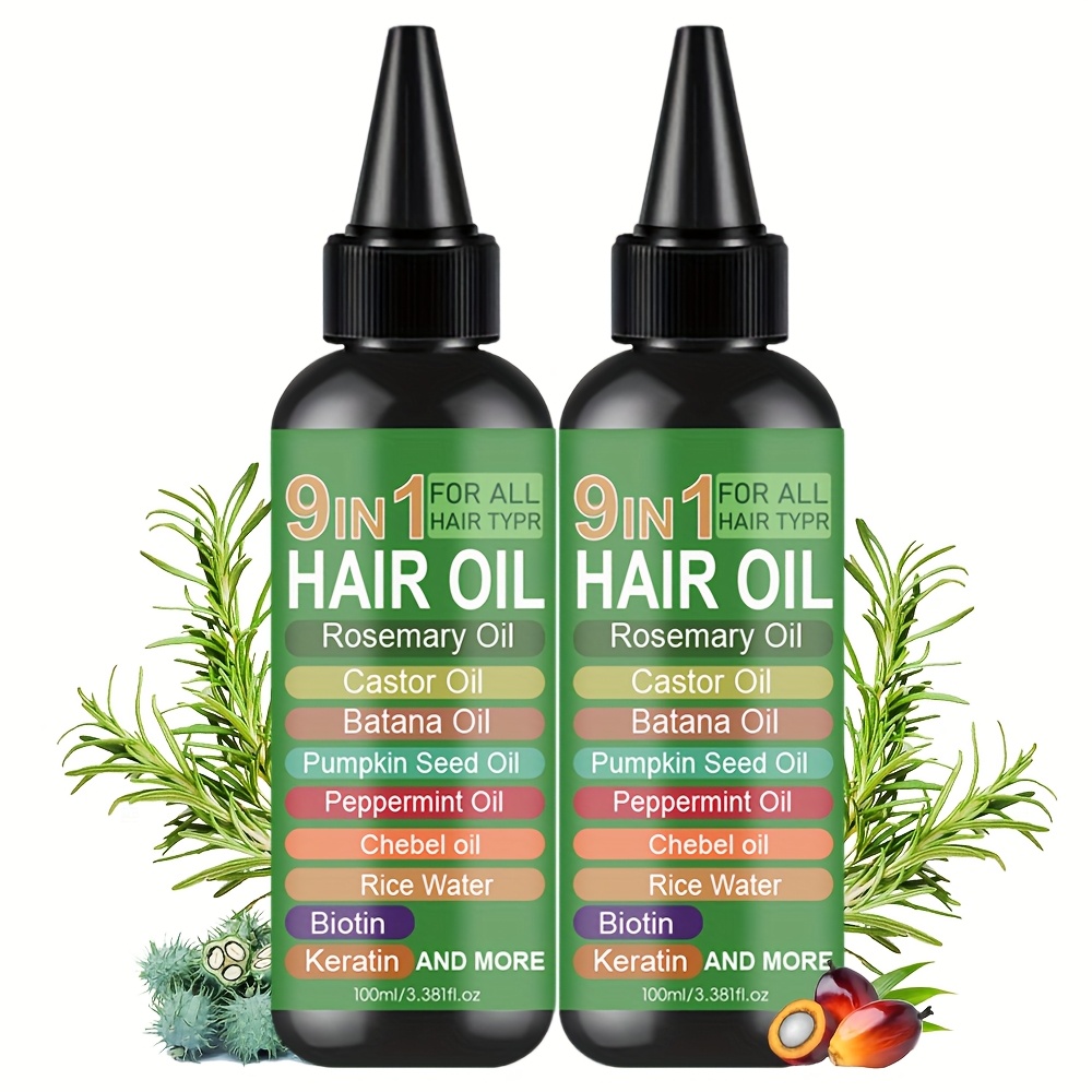 2pcs 9-in-1 Hair Oil Contains Rice Water, Rosemary Oil, Castor Oil, Batana Oil, Pumpkin Seed Oil, Peppermint Oil, Oil, Biotin, And Keratin. It Moisturizes And Hair, Suitable For All Hair Types