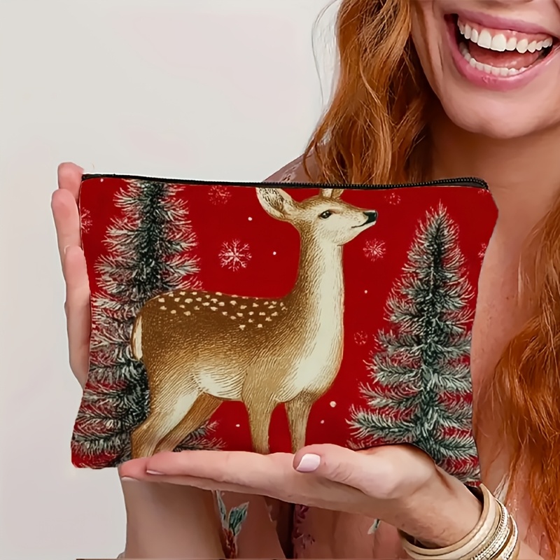 TEMU 1pc 2d Flat Printing Double-sided Printed Christmas Reindeer And Makeup Bag - Red And Design With Zipper Closure, Compact Travel Cosmetic Pouch,