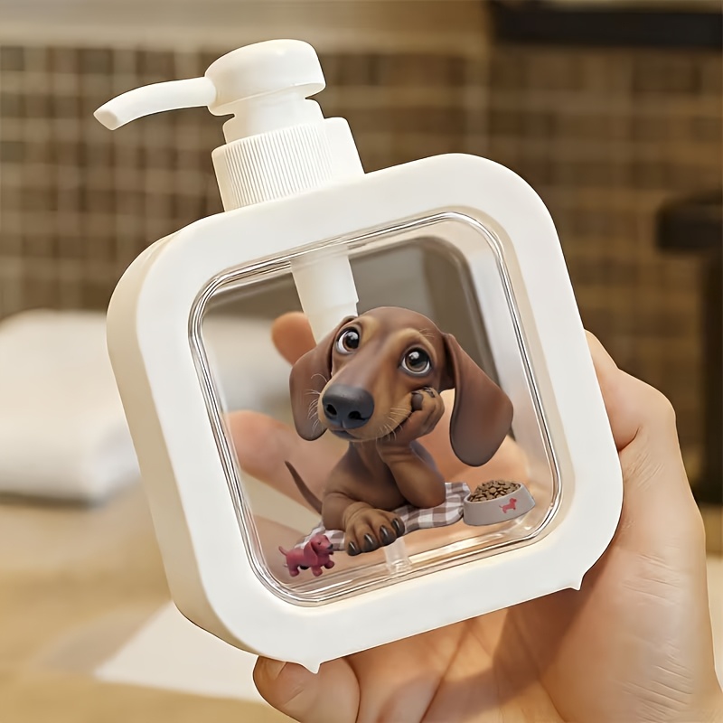 TEMU A Bathroom Dispenser With A Hand Pump - Featuring A Brown Dachshund Statue With Gentle Eyes, Resting Its Chin On Its Paws, Appearing . Is A Bowl