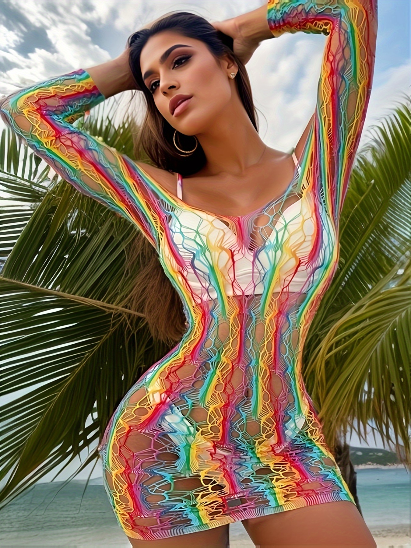 Sexy Lingerie Colorful Hollowed Out Rainbow Dress Mesh Body