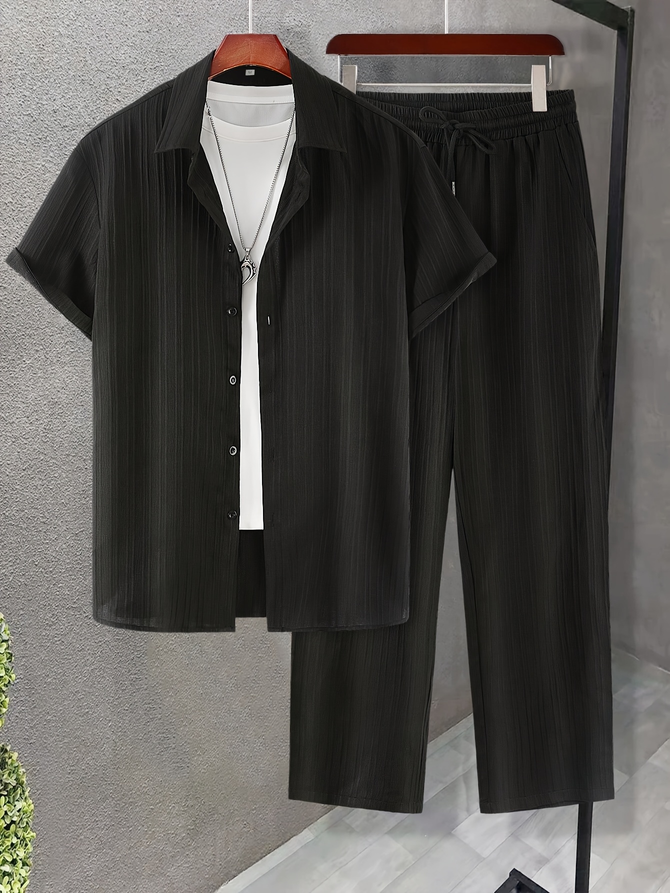 mens striped casual short sleeve shirt casual drawstring lined long pants 2pcs set with elastic waistband for holiday leisure  