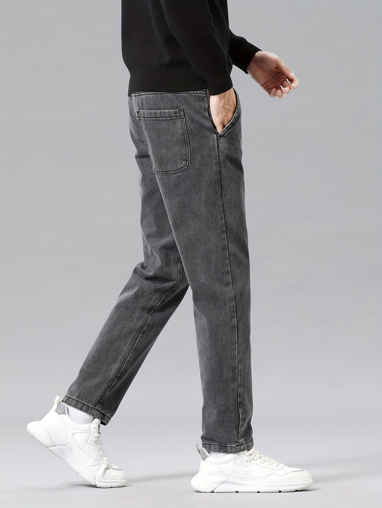 1pc Men'S Casual Washed Denim Jeans, Mid Waist Drawstring Waist, Non-Stretch Solid Color, Straight Leg, Regular Fit, Woven Fabric, Weekend Casual Style, Spring/Fall Season, 9/10 Length Pants