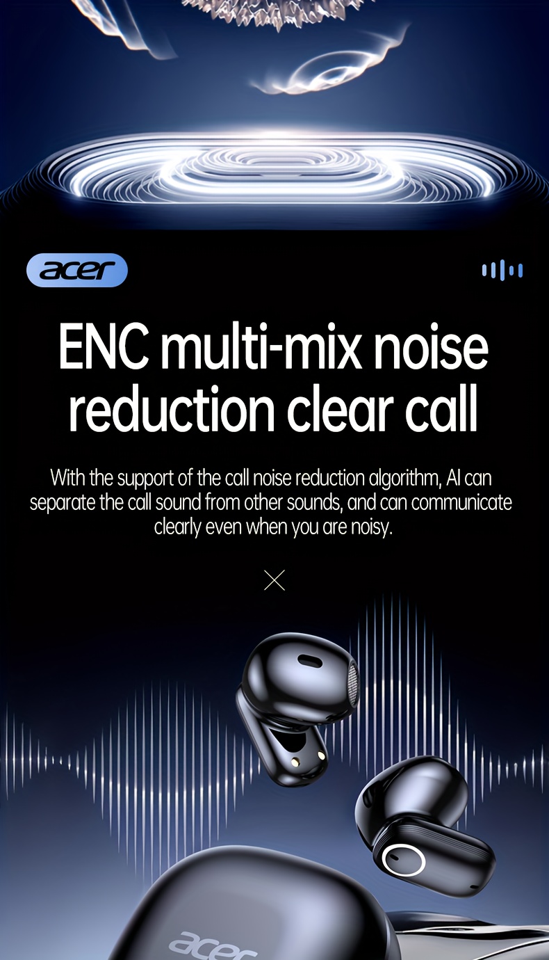 ACER TWS Wireless Earbuds with Deep Noise Reduction - 50h Long Standby, Low Latency, HIFI Stereo Sound, Touch Control, Rechargeable Lithium Battery, Ideal for Running & Sports, Sports Headphones|Ergonomic Design|Durable Plastic