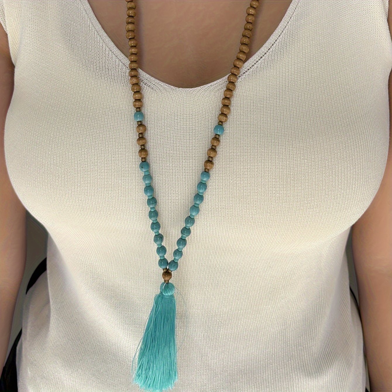 

Bohemian Style Beaded Necklace With Turquoise-colored Beads And Tassel Pendant - Long Sweater Chain Jewelry For Women, Perfect For Daily Wear & Party Accessory, Versatile For All Seasons - 1 Piece