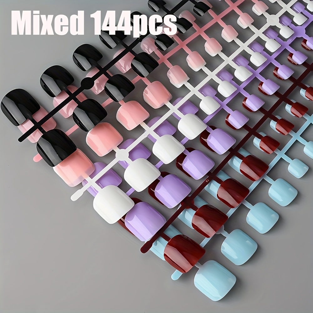 144pcs Short Square False Toe Nails Lake Blue/white/red/nude Press On Toenails Glossy Full Cover Toe Nails 100/120pcs Artificial