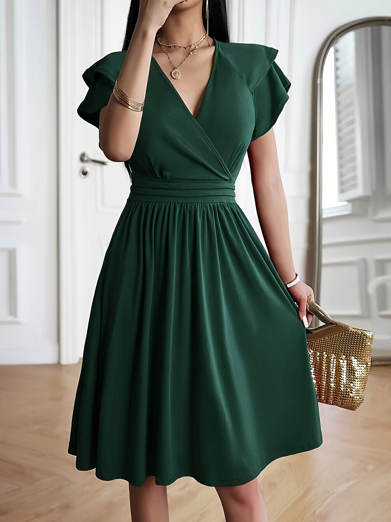Retro *-Neck Flutter Sleeve Waist-Cinching Dress, an * Essential