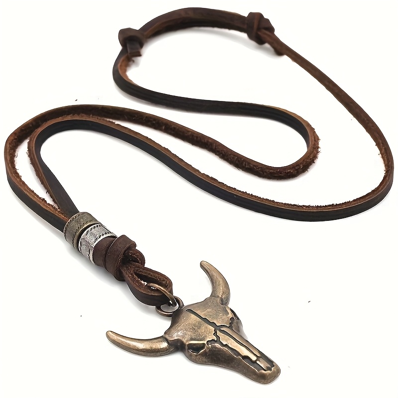 E-shop 1 Stück Western Cowboy Bullenschädel Anhänger Halskette - PU Bullenschädel mit verstellbarem geflochtenem Band & bronzefarbenem Finish, geeignet
