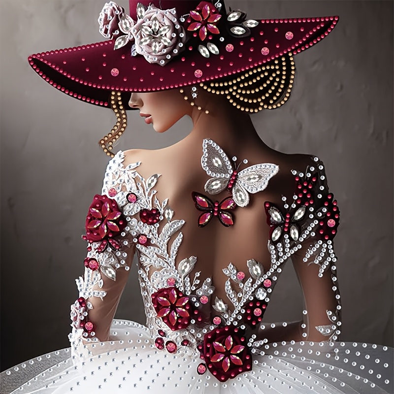 1pc elegant lace tulle backless gown with diamond painting kit   hat design 5d diy irregular shape crystal art   beginners adults ideal gift or home decoration unframed canvas art sewing supplies included 11 8x11 8 inches sewing crafts elegant gown design detailed embroidery diamond