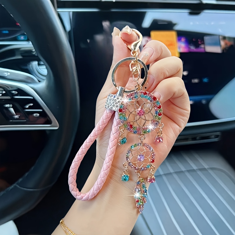 E-shop Glänzender Hohler Auto-Schlüsselanhänger - Eingefasster Strass-Kreuzstein, Kreatives Feder- und Geflochtenes Seil-Design - Exquisite
