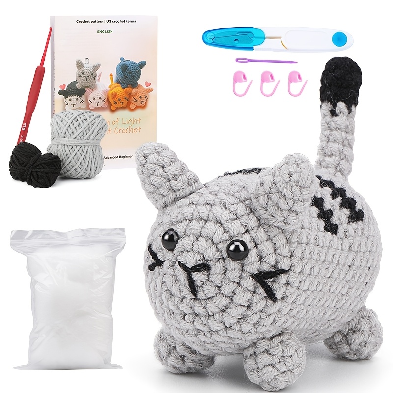 

Complete Cat Crochet Kit With Video Tutorials - Diy Craft Supplies For Beginners, Includes Yarn, Hooks & Pattern - Gray And White Cat Design, Crochet Kit