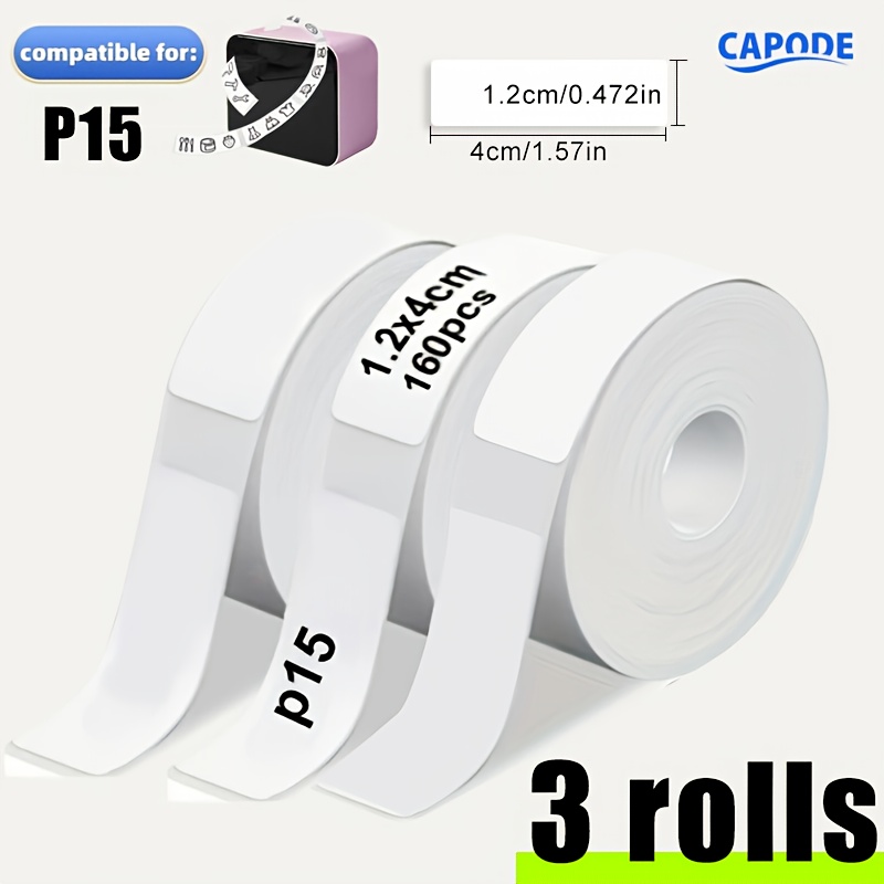 3 Rolls Of Self-adhesive Paper, 1. Cm (0.472 X 1.57 In) Continuous Stickers, 160pcs White Stickers Per Roll, Compatible With P15