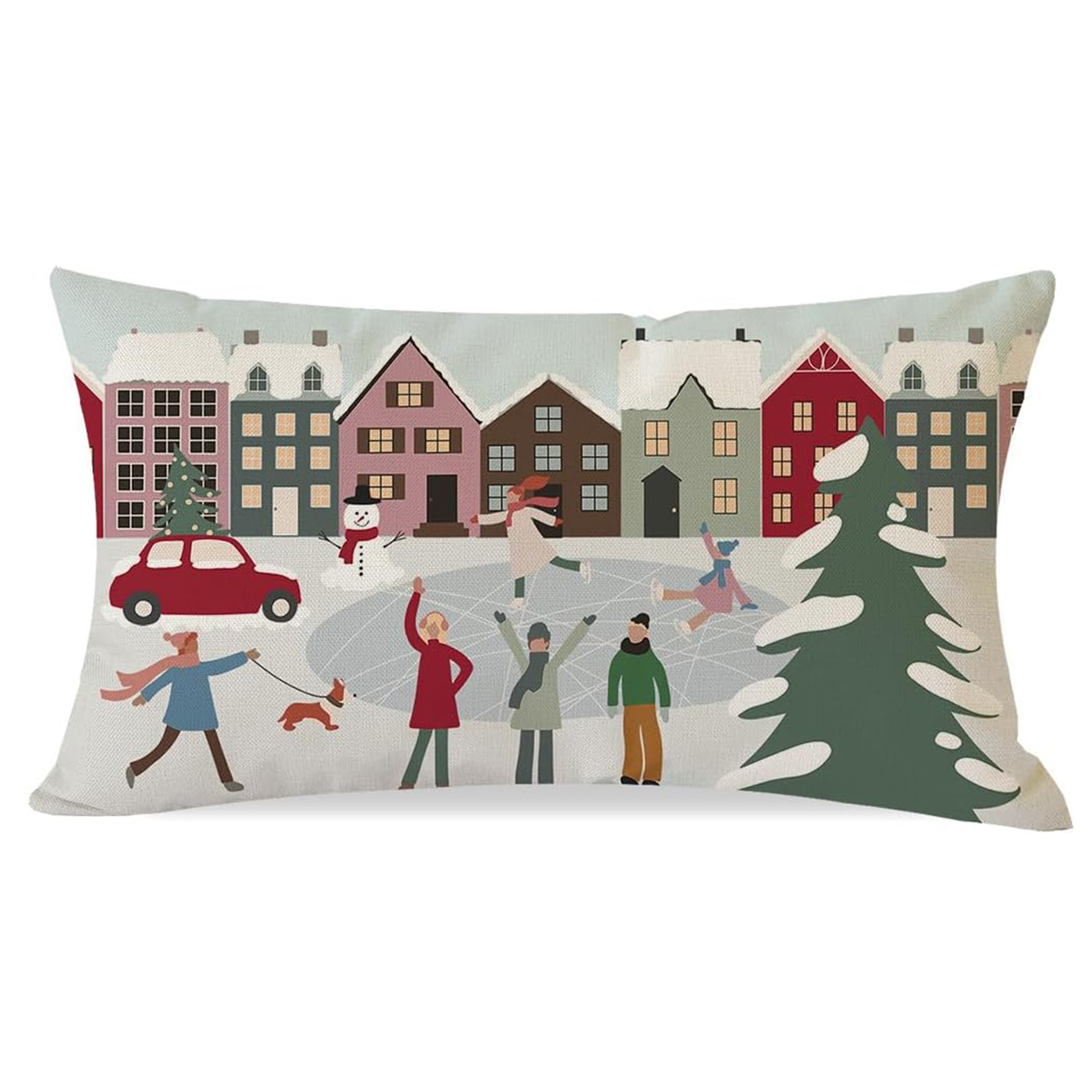 

Winter 12x20" Throw Pillow Cover - Ice Skating Village Scene, , Zip Closure - Christmas & Decor, Christmas Decor