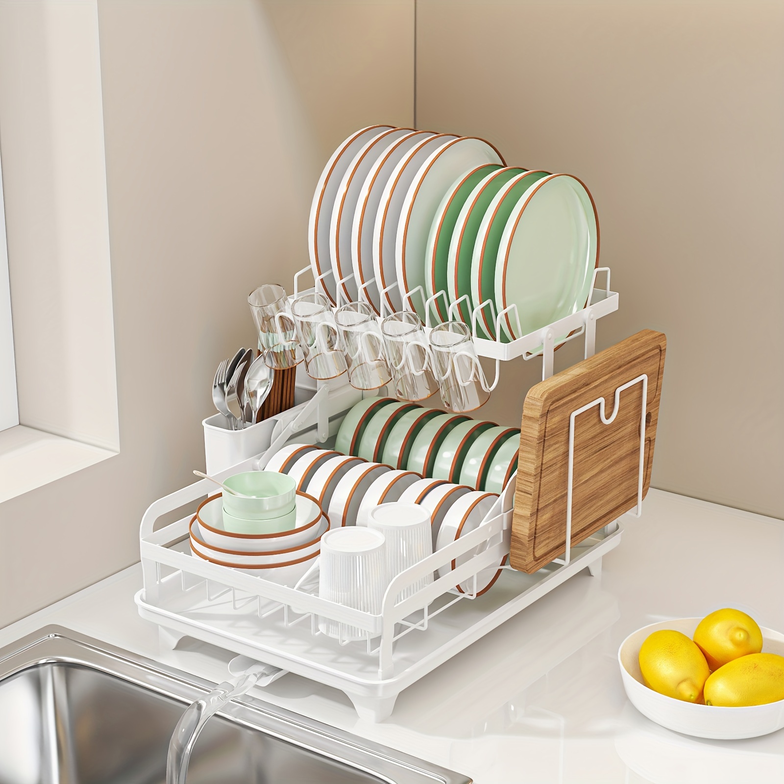2-Tier Metal Kitchen Dish Rack, Foldable Countertop Drying Rack with  Draining Tray, Heavy-Duty Iron Storage Organizer for Dishes, Bowls, Cups,  Utensil