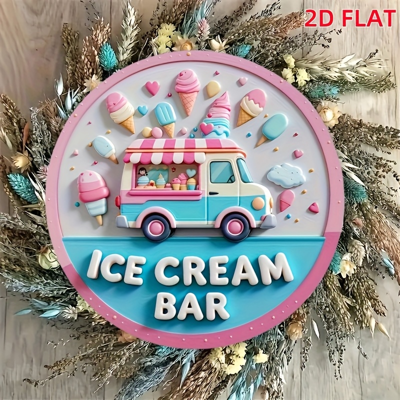 E-shop 2D Flat - Vintage Eiswagen Deko Schild - 2D Flache Runde Holzplakette, Entworfen als "Eisbar", Farbenfrohes Eis und Smoothie Thema, für Zuhause,
