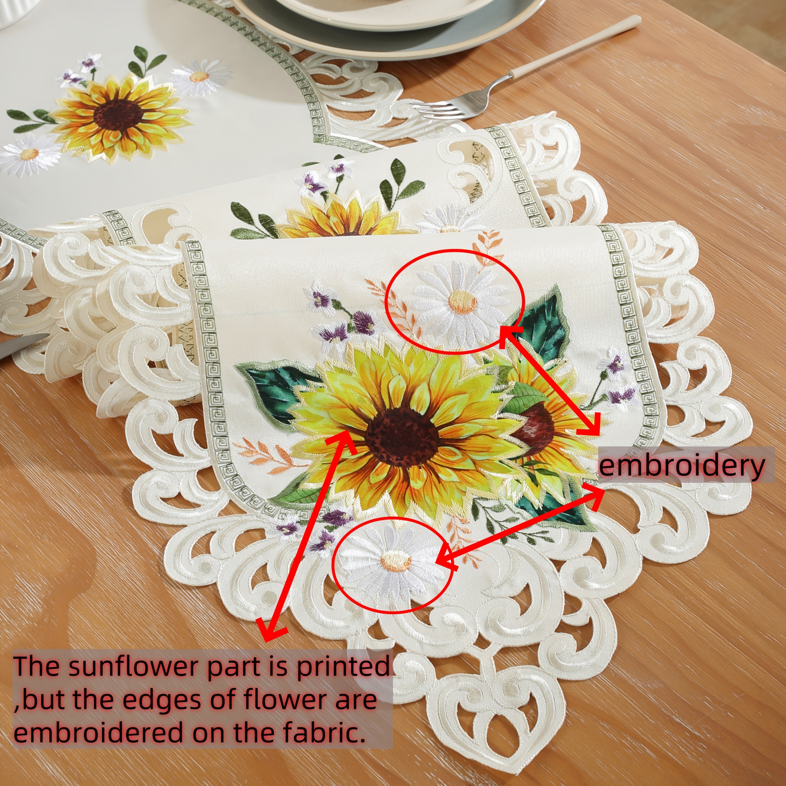 Sunflower Embroidered Hemstitch Table Runner | Natural Beige - Brio Trends