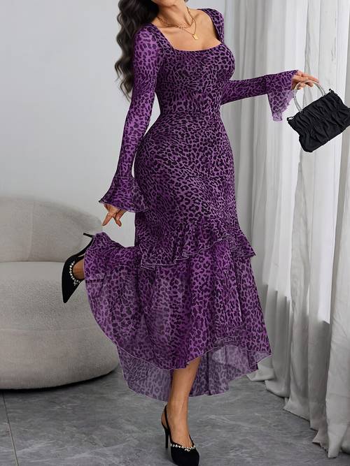 spring autumn womens dress leopard print ruffle mermaid party dress square neck mesh long dress wj419