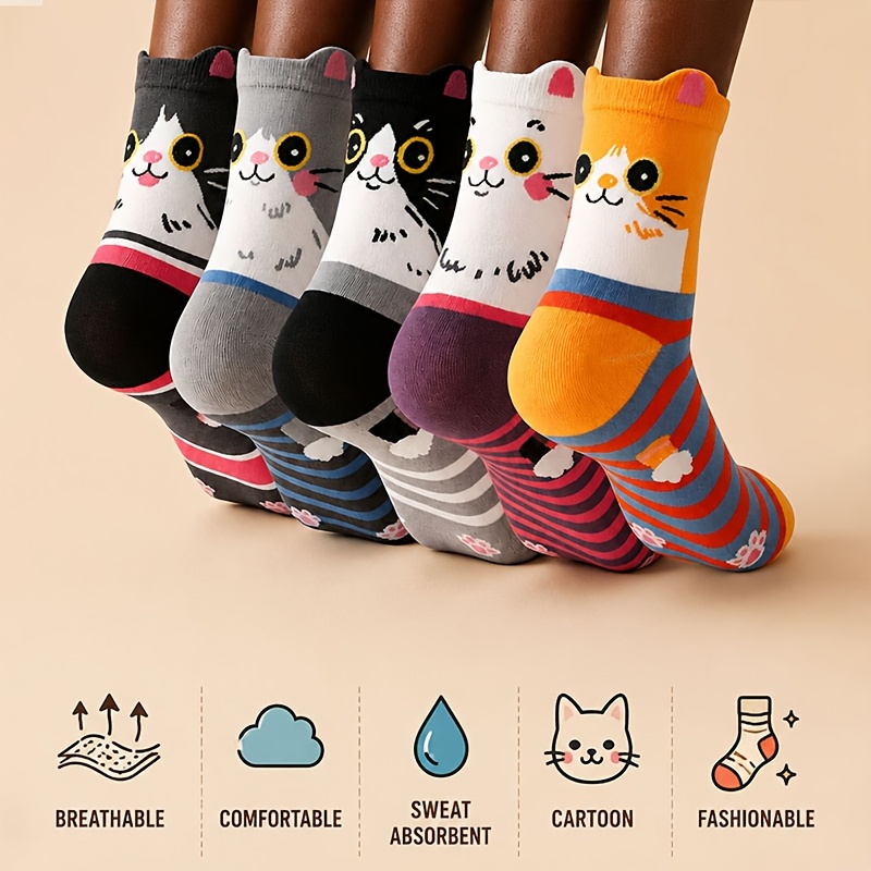 TEMU 5-pair Women's Mid-calf Socks With Cat Patterns - Breathable Soft Moisture-wicking Suitable For Spring Summer Fall, Cute Kitten Ribbed Trim