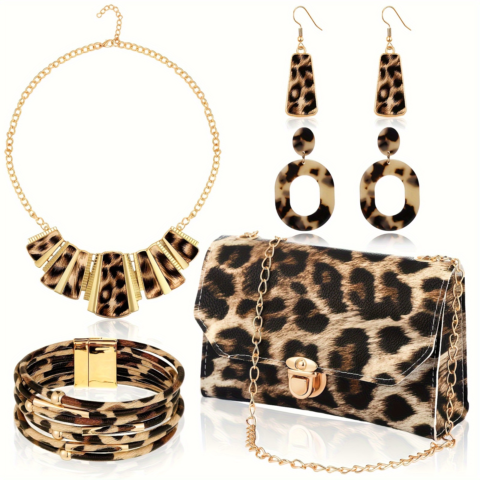 

Funky Style 5-pcs Set - Leopard Print Fashion Accessories With Statement Necklace, Tassel Earrings, Long Pendant, Faux Leather Wrap & Chain-link Clutch Bag