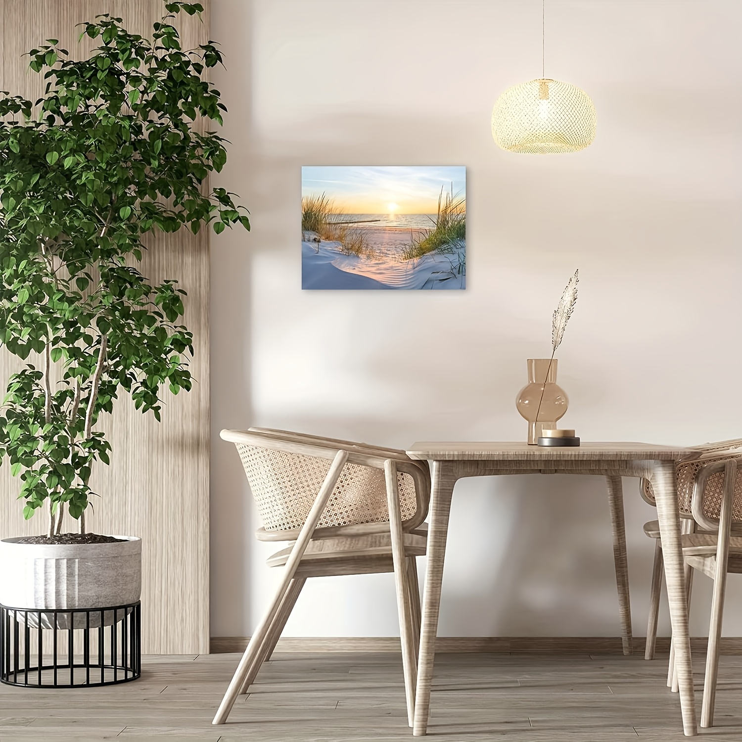 TEMU 1pièce Art mural de plage en cadre - Impression sur toile de coucher sur l'océan avec cadre en bois, décoration côtière à être accrochée pour ,