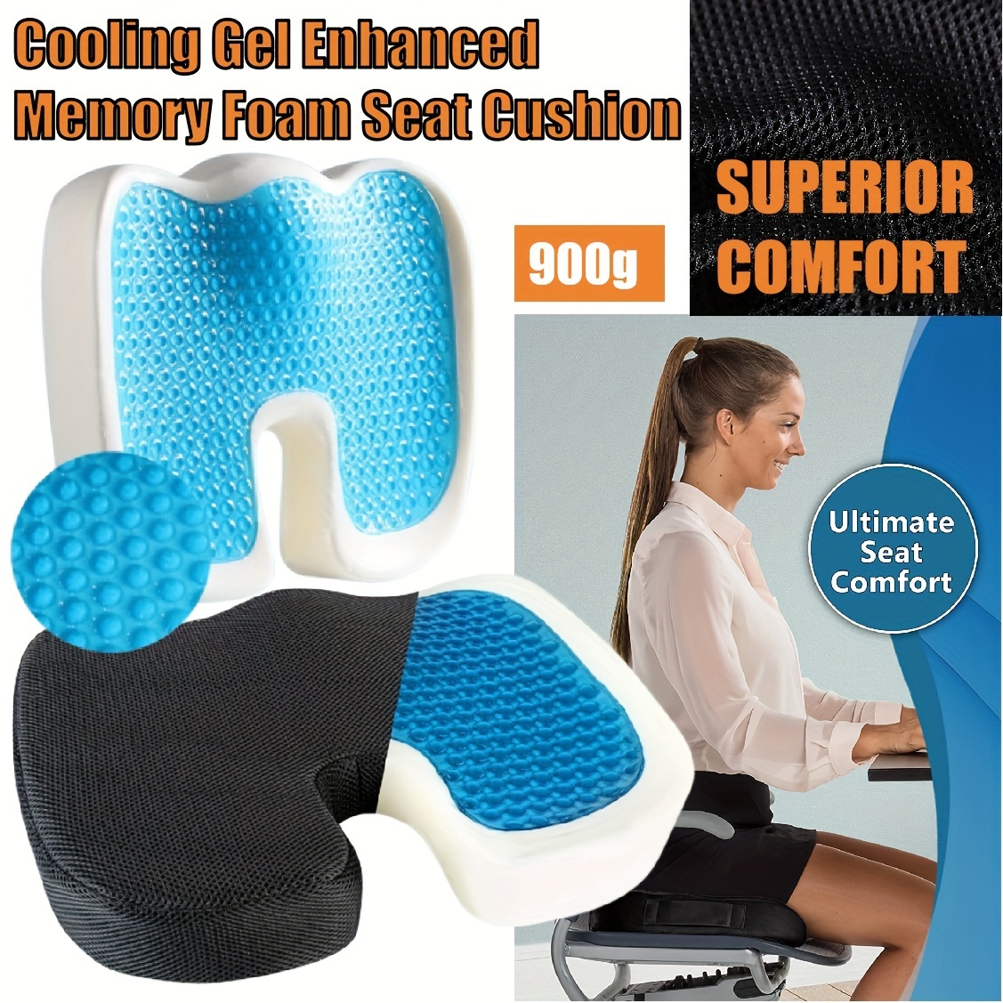 TEMU Office Chair Seat Cushion Pillow, Cooling Gel Enhanced Memory Foam Chair Cushions Back Support Pillow Chair Home Car Seat Cushion For Wheelchair