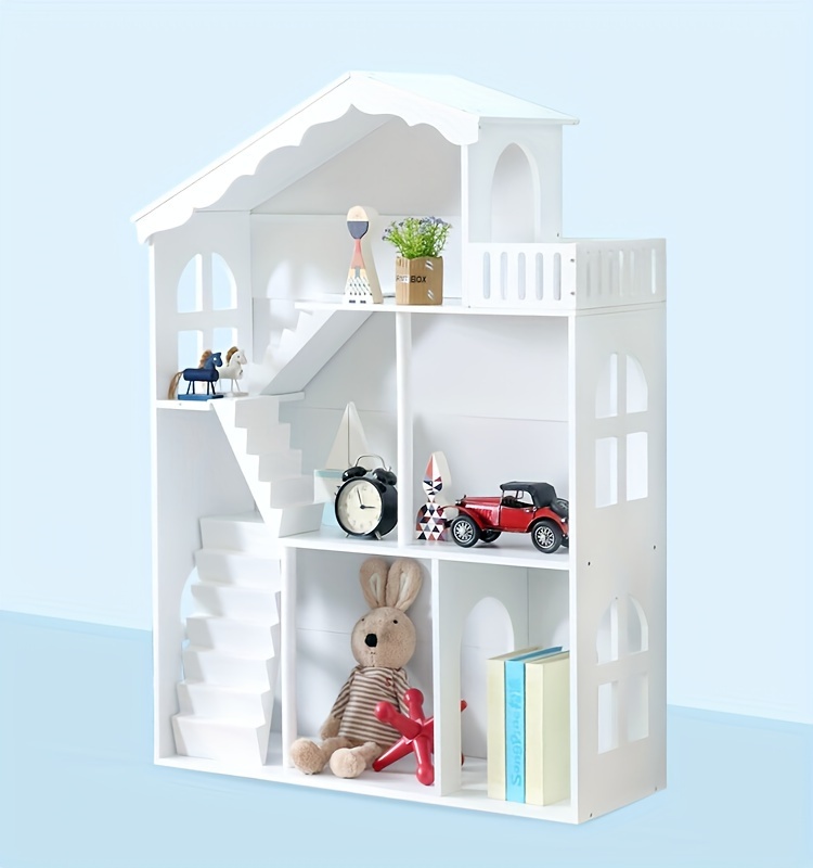 Wooden 3-Tier Doll House Bookshelf, White Kids Toys Storage Organizer, All-Season Playroom Nursery Shelves, Ideal Gift for Ages 3-8, Boys & Girls Bedroom Decor