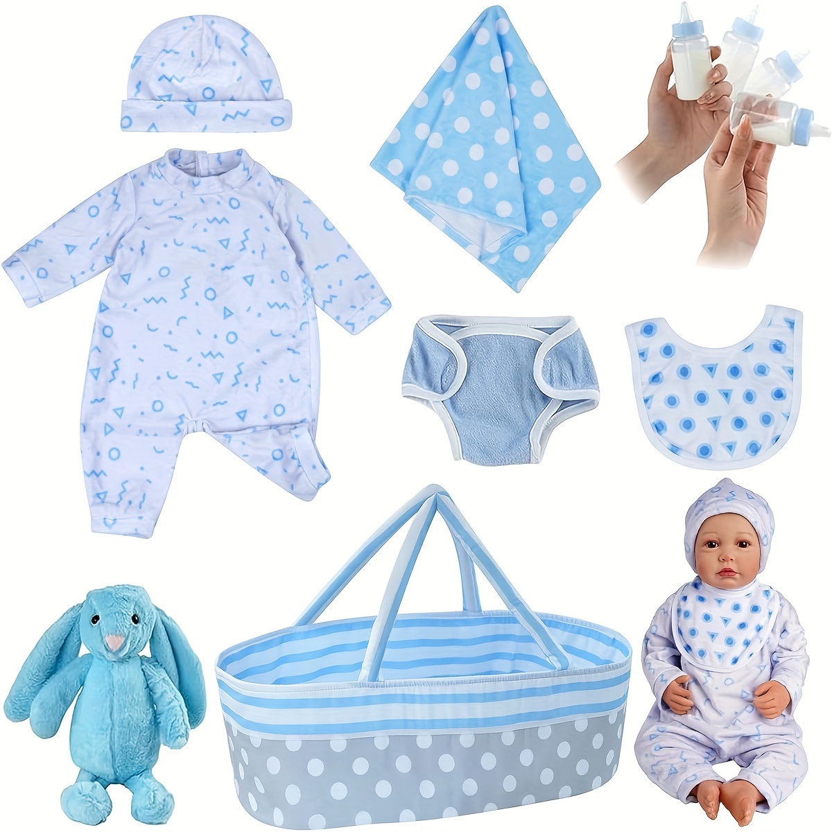 

Babeside 8 Pcs Reborn Baby Doll Accessories With Bassinet For 17-22 Inch Baby Doll, Baby Doll Clothes Outfit Accessories Fit Reborn Doll Newborn Boy