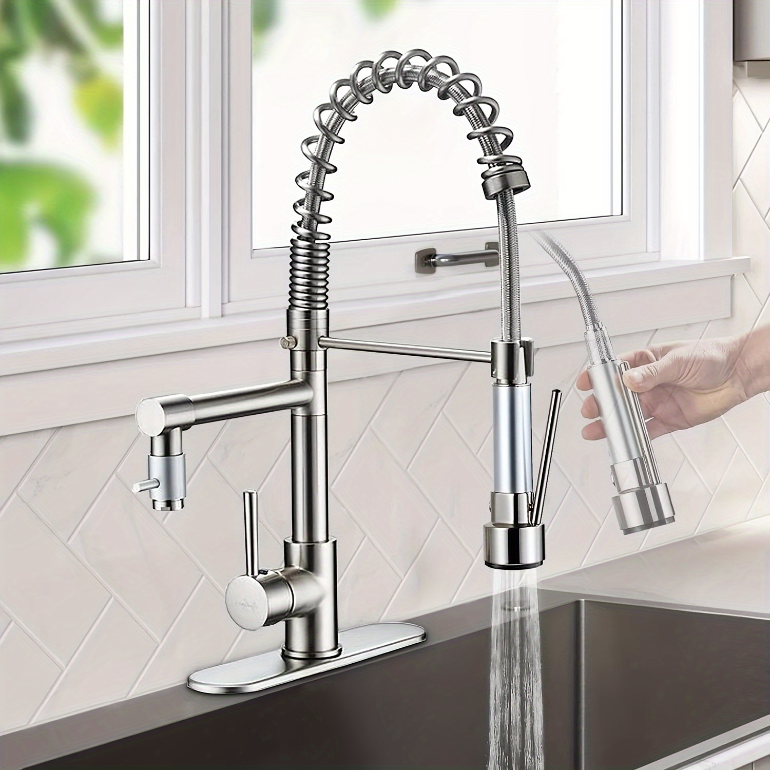 

Brushed Nickel Kitchen Sink Faucet With Pull Down Sprayer, Kitchen Faucet Pull Out 360° Twin Spout Stainless Steel Sink Mixer