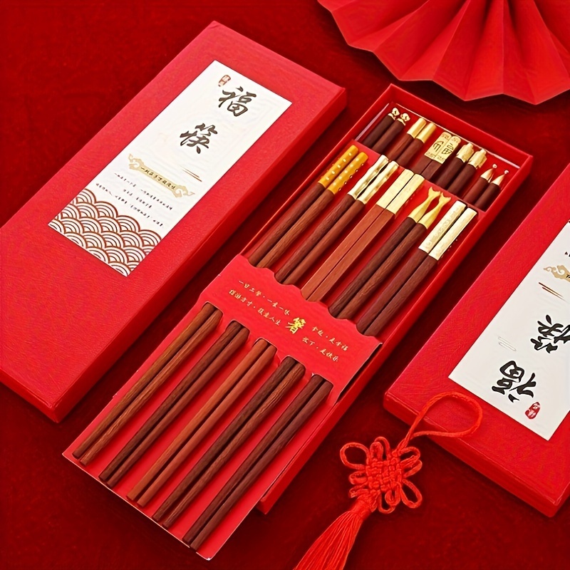 

10 Pairs Fu Character Lucky Chopsticks - Elegant Red Sandalwood, Antifungal & High-temperature Resistant, Wax-free Finish With Gift Box