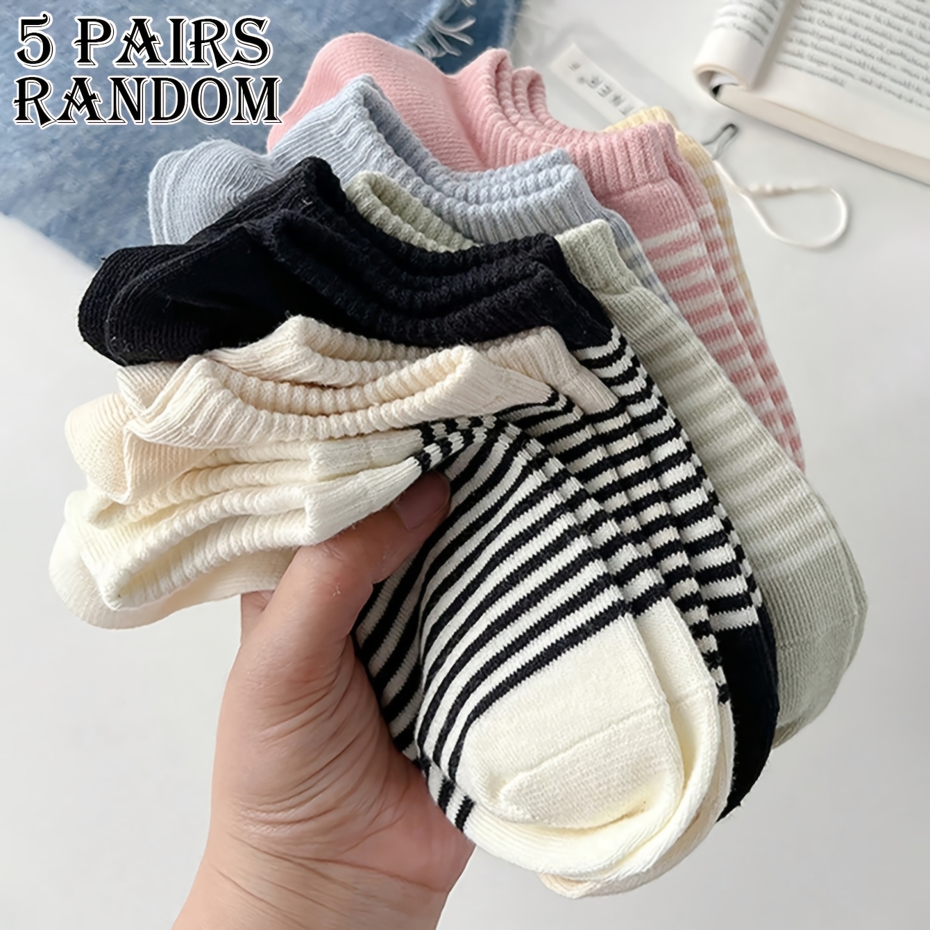 TEMU 5-pair Random Assortment, Unisex Low-cut Socks With Stripes, Simple And Versatile, Easy To Pair, Comfortable Fabric, Trendy And Fashionable,