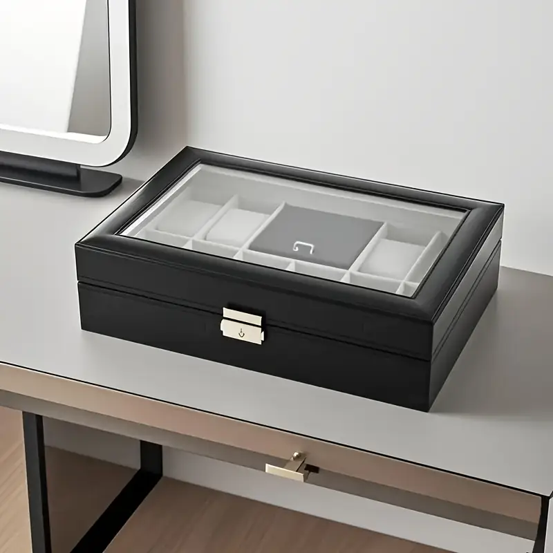 10 scenes black simple transparent flip jewelry box with dial display area leather jewelry box for mens and womens watches rings earrings necklaces bracelets storage home decorative jewelry box suitable for family jewelry organization valentines day gift fathers day gift mothers day gift birthday gift Product details 3