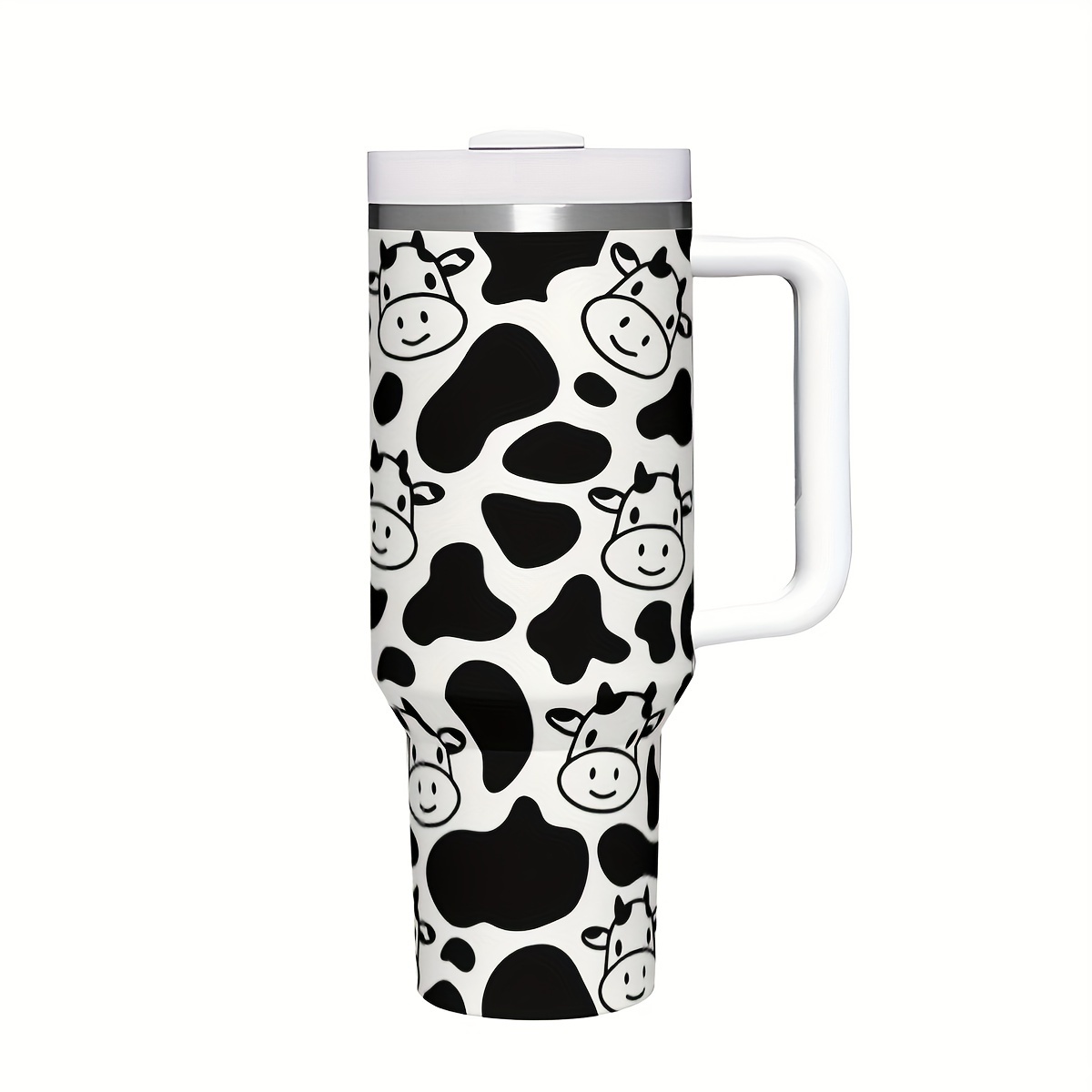 

40oz Insulated Stainless Steel With Handle And Straw - Bpa-free, Cow Print, Drinks Hot Or Cold, Ideal Gift For