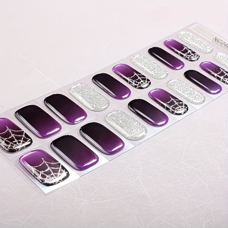 Image of Set Of Semi-cured Gel Nail Wraps, Beautiful Gradient Embellishment, Purple Black Gradient Heart Web Design, Easy To Enhance Of The Fingertips, Ladies And Diy Essential Nail Goodies Nail Supplies