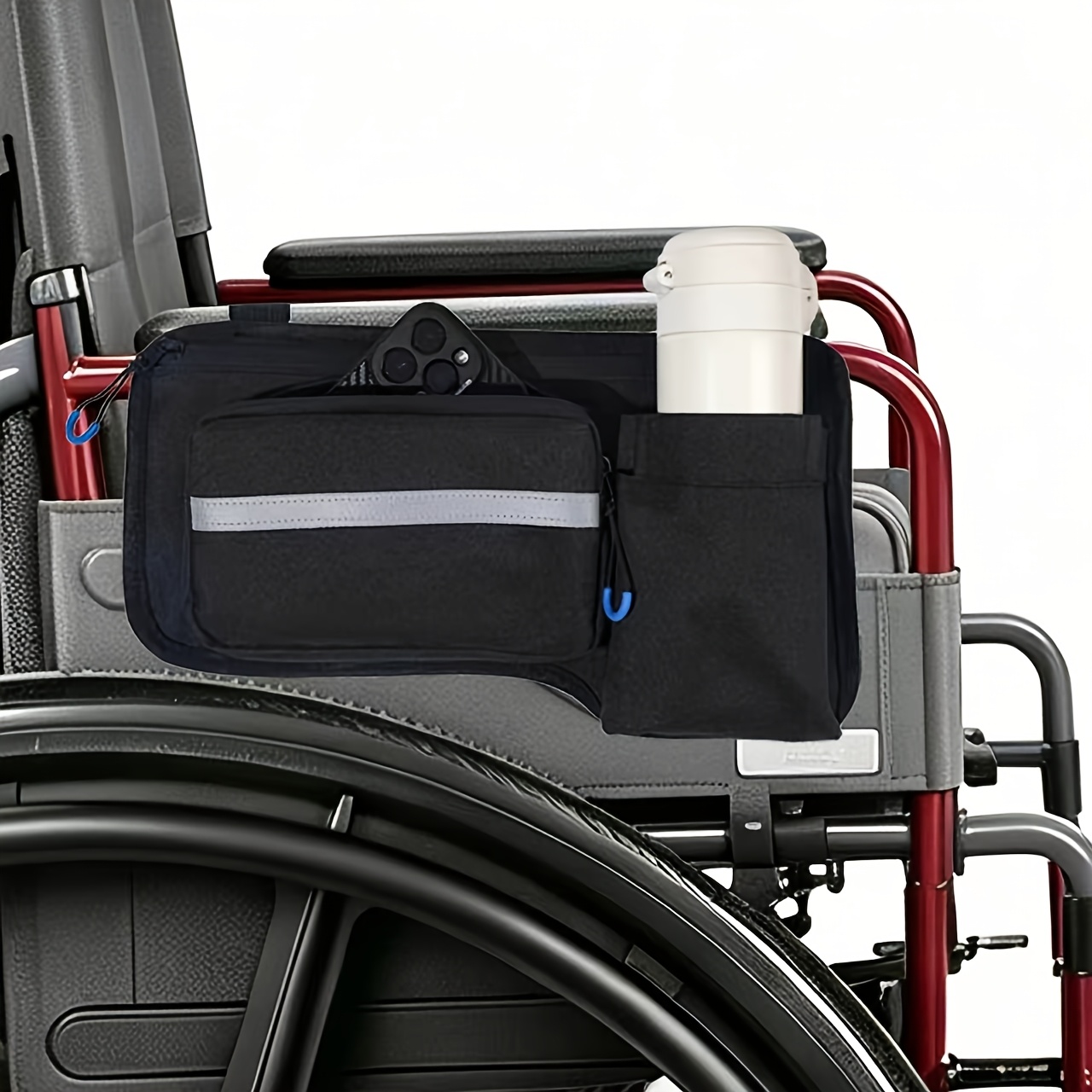 TEMU Wheelchair Side Bag With Cup Holder & Reflective Safety Stripes | Armrest Pouch For Walker, Rollator, Electric Scooter | Wheelchair Accessories