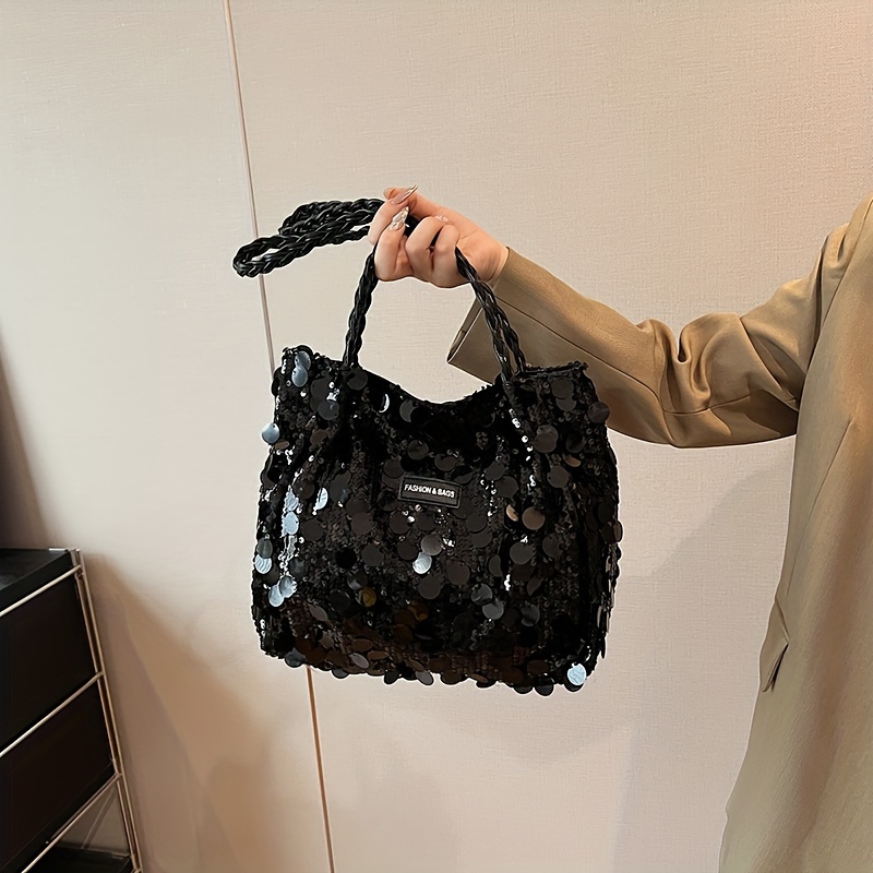 TEMU Fashion Sequin Shoulder Tote Bag Zip Closure, Wrist Band, Large , Polyester Material For - Polyester Lining, Durable Lightweight , Wet , Suitable 15+