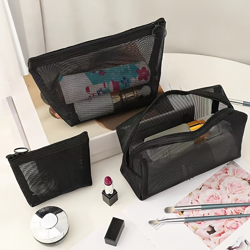 

3pcs, Nylon Mesh Cosmetic Bag Makeup Bag, Zipper Pouch, Makeup Organizer For Travel, Pouch, Toiletry Bag For Women And Men