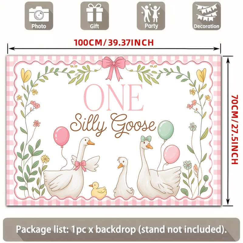 TEMU 2d Flat, [party Banners] 2d Flat Banner, 1pc 1 Silly Goose Cute Geese Balloons Pink Floral Gingham Polyester Backdrop, For Party Decor Farm,