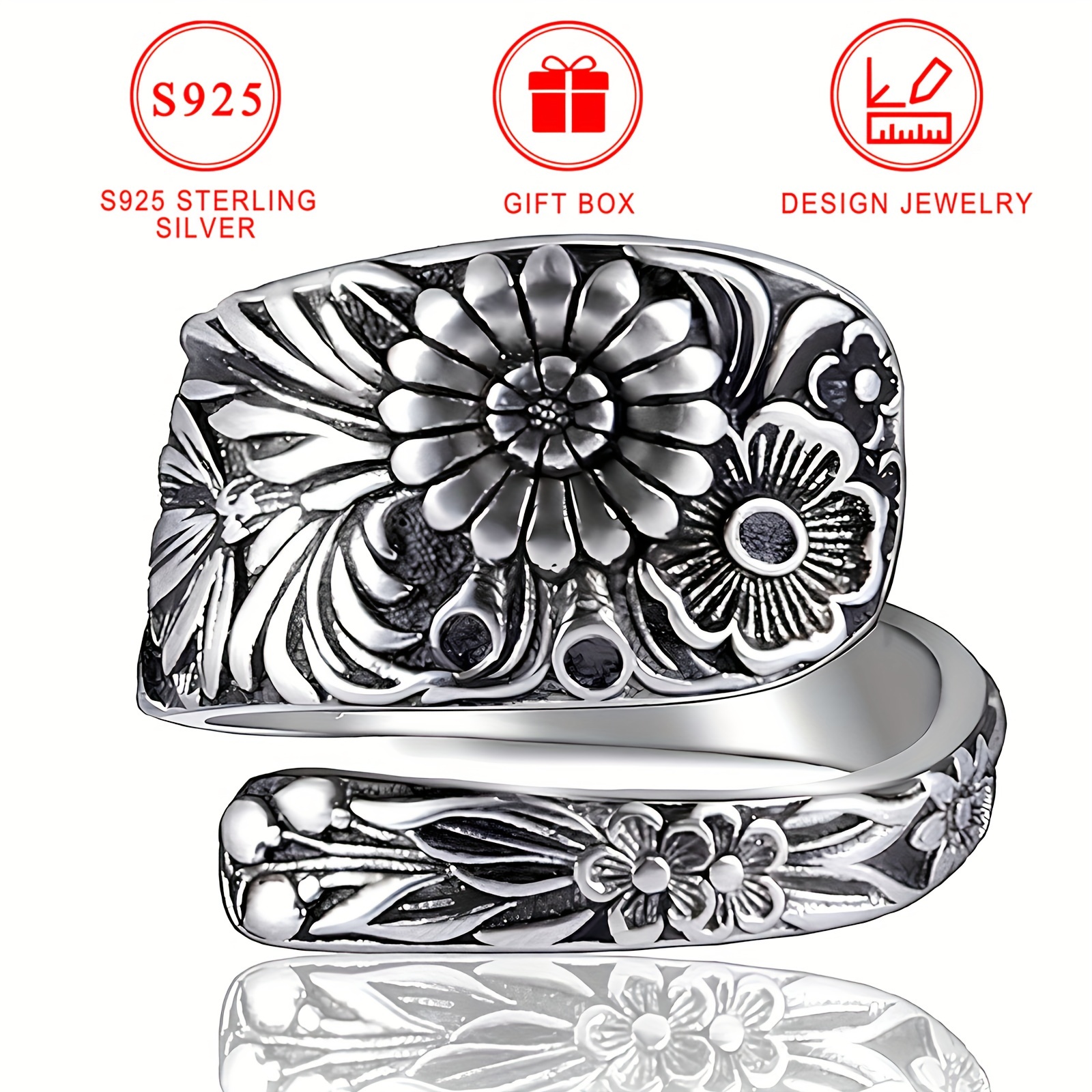 

6g 925 Pure Silvery Spoon Ring Women's Bohemian Sunflower Cherry Blossom Vintage High Quality Large Ring Jewelry Holiday Gift Gift Box