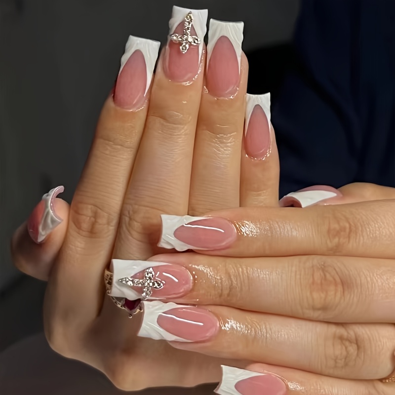 Image of 24pcs Of -length Square Pressed Nails, " Golden Moonlight Cross" 3d Luxury Gel Powder French Style, Suitable For Ladies And On Dates, Daily , False Nails With 1pc Jelly Glue And 1 Strip Of File