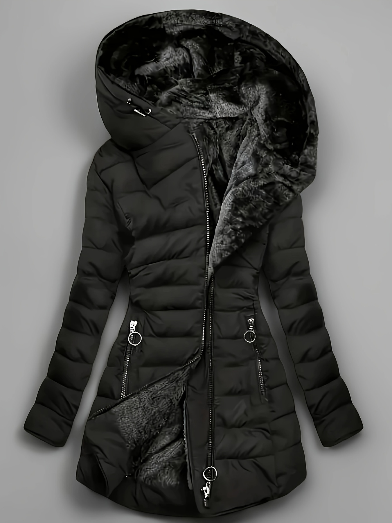 Dames Lange Fleece Gevoerde Jas - Dikke Winterjas met Zakken, Elegante Effen Kleur, Regular Fit voor Koud Weer