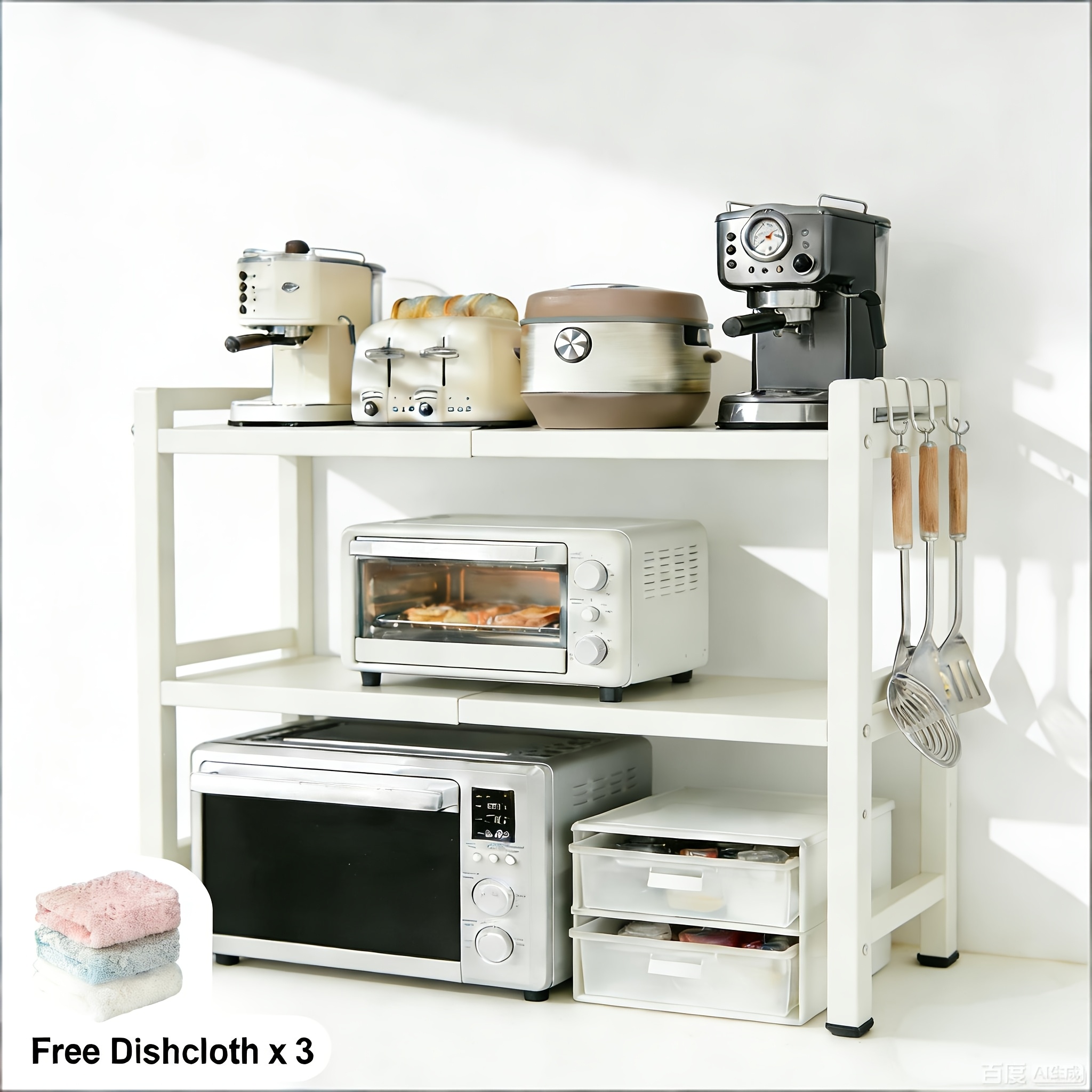 TEMU Microwave Oven Rack, Three-layer Extendable Countertop Rack, Configured With 6 Hooks, 3 Towel Racks, And 1 Cutting Board Rack. Suitable For