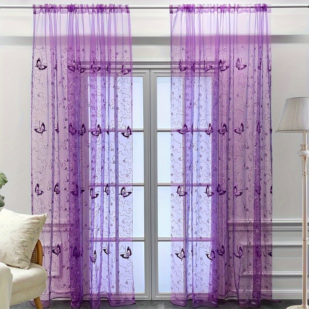 

2pc Purple Shiny Sequin Butterfly Embroidered Sheer Curtains For Daughters Bedroom Decorative Window Treatment Panel Nursery Decor Chic Tulle Voile Drapes Rod Pocket