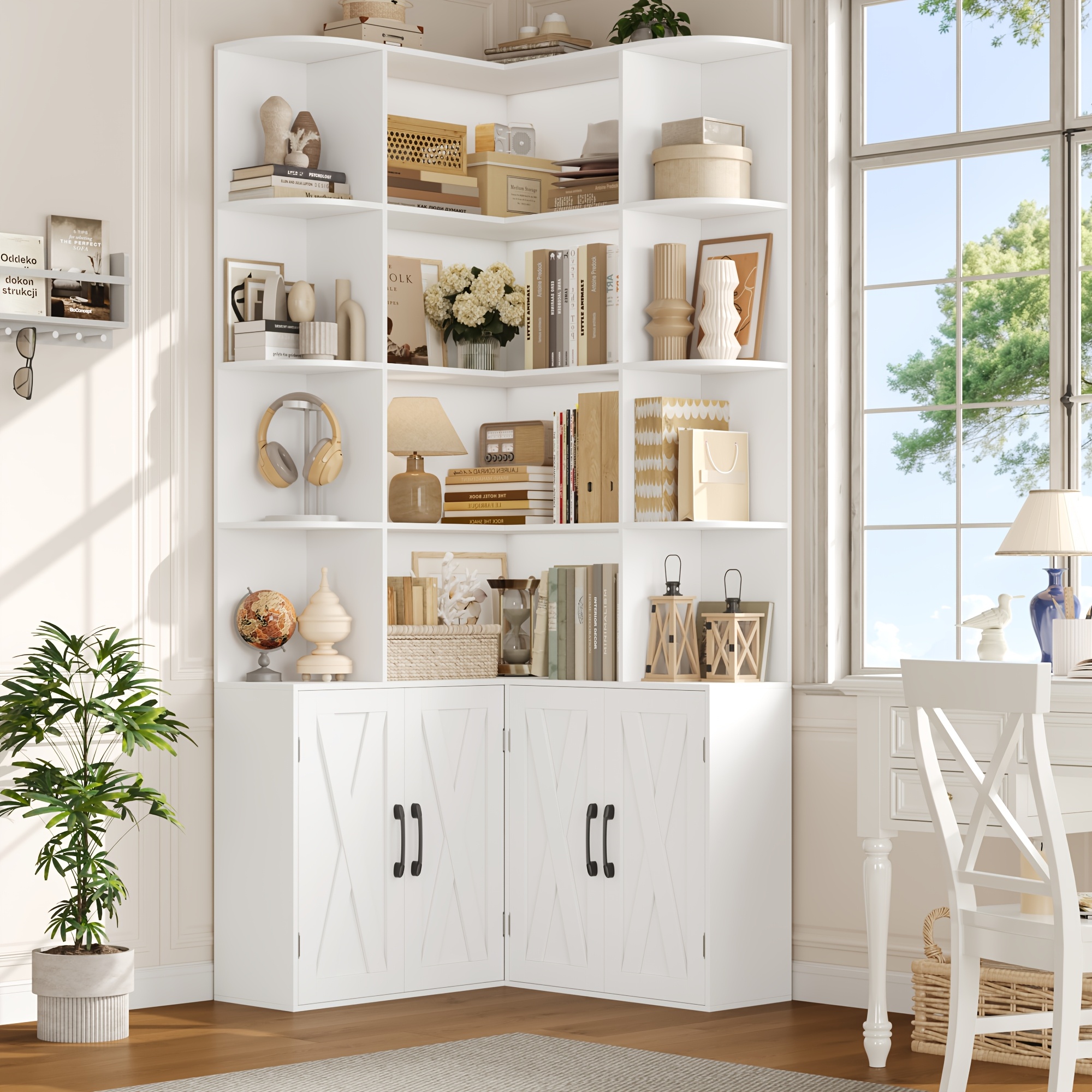 Image of Kealive Bookcase With 4 Door 15 Compartments Tall Cabinet | Freestanding Hardwood Bookcase With Recessed Shelves For Living Room, Study, Kitchen -