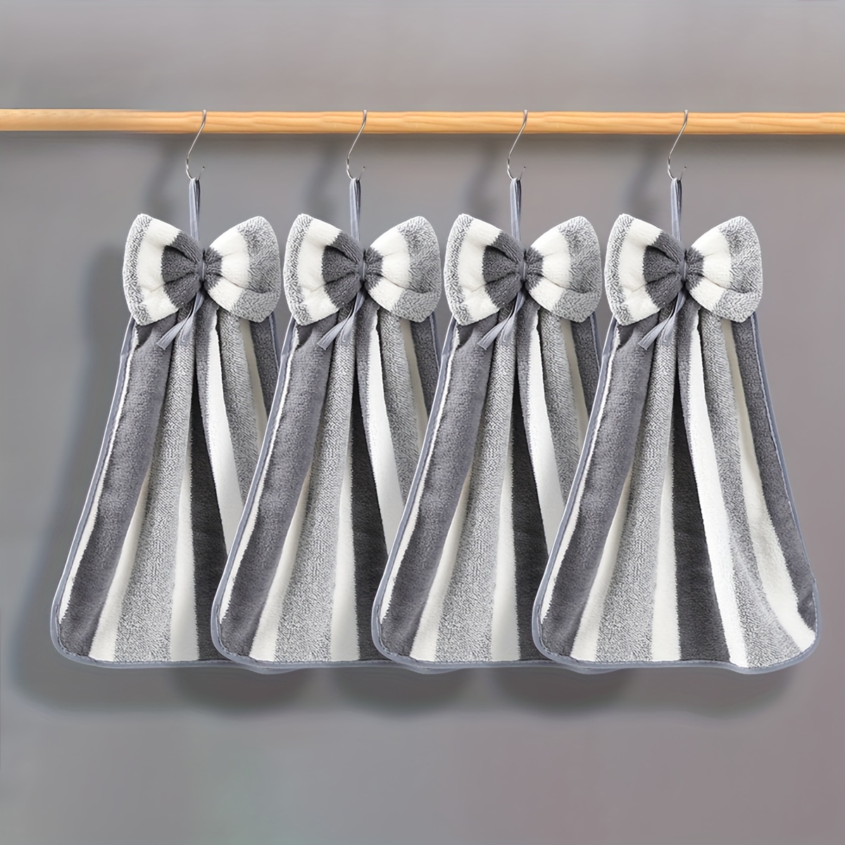 Image of Self Wide Striped Bandana Towels, 4pcs Set / 4pcs Coral Velvet Square Towels, 4 Sets, Soft And Absorbent, For Home, , Bathroom, , Quick-drying, Skin-friendly