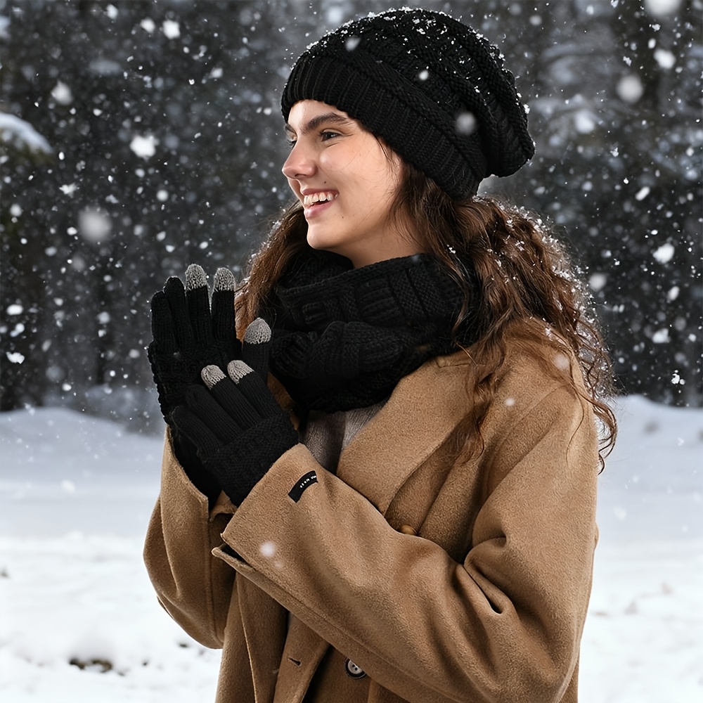 Winter Knit Beanie Hat Scarf Gloves Cold Weather Set, Touchscreen Gloves VEGCOO Women main image 3