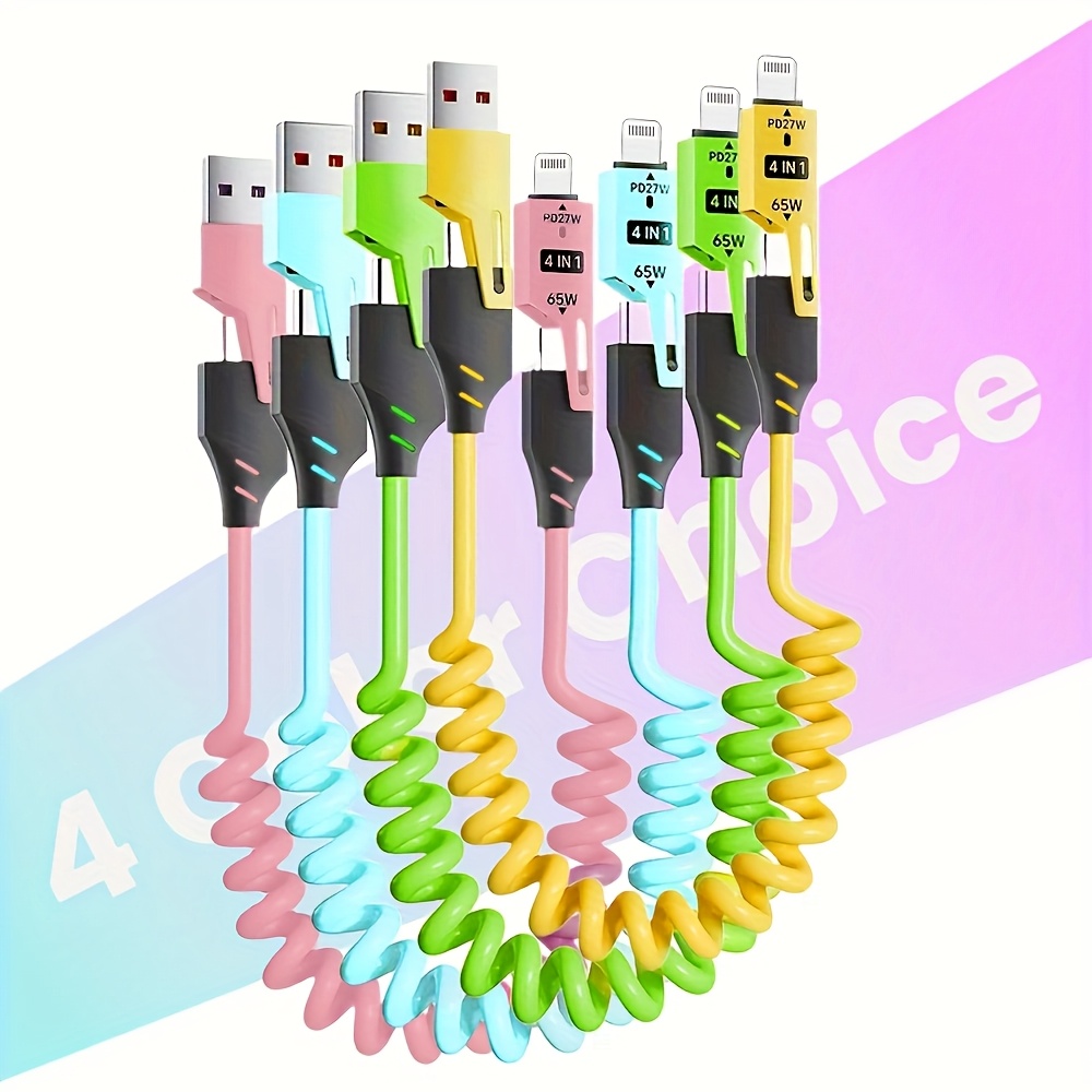 4 in 1 spring data cable   of   up to 65w for fast charging measuring 4 9ft suitable for charging multiple devices including for iphone with lightning and usb c ports