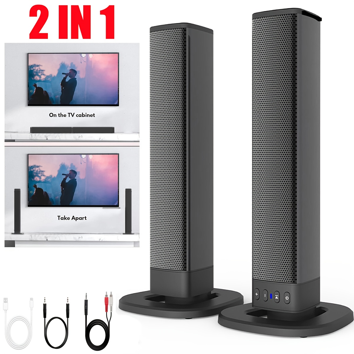 20w Portable With 4x5w Stereo Surround Speakers, Wireless, Usb-c Rechargeable, Detachable & Adjustable, Remote Control, Fm/usb/aux Input For Tv, Home Theater, Pc, Laptop, Smartphone - Compatible