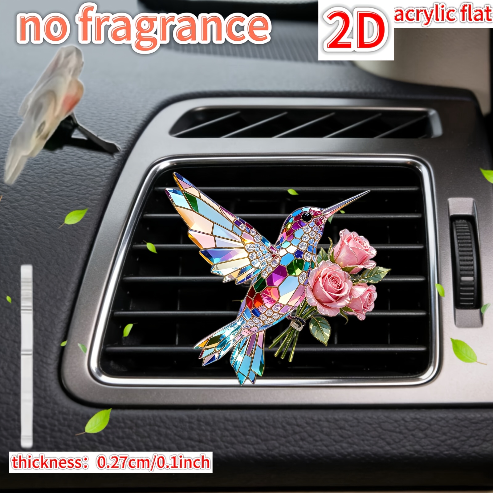 TEMU 2d Flat, 1pc, Hummingbird , "fragrance-free," Car Vent Decoration Clip, With Dual Sponge Pads, 2d Flat Acrylic Luxury Cartoon Ornament, Interior