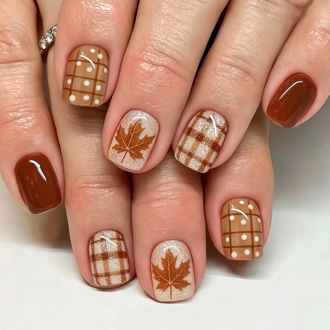 TEMU 24pcs Fall Press On Nails Short Square Suitable For Thanksgiving - Caramel Brown Maple Leaf Plaid & Polka Dot Glitter Fake Nails With Glossy,
